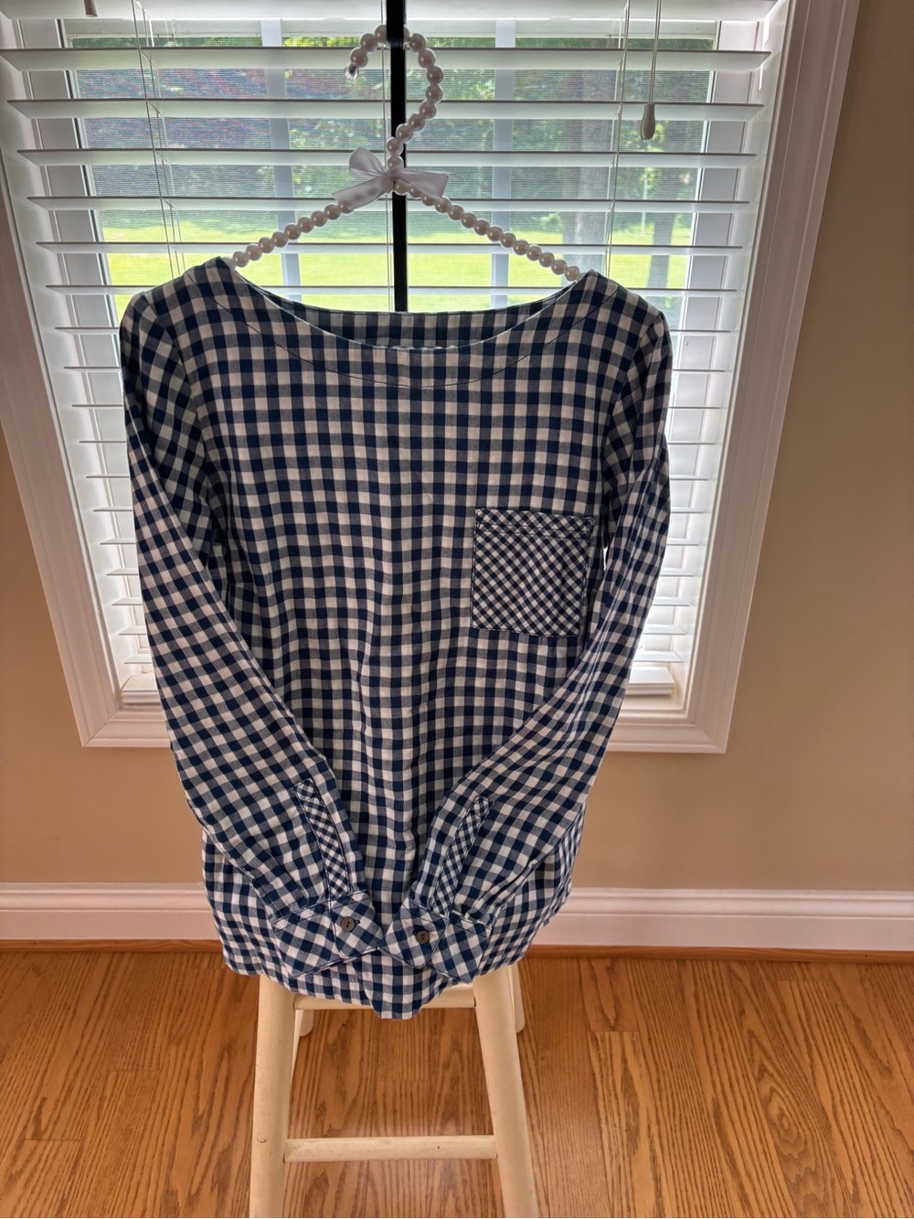 J. Jill Navy and White Gingham Pearl-Trim Top